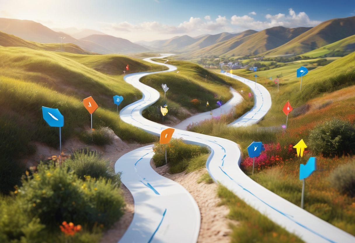 A visually captivating scene depicting a clear pathway leading through various insurance symbols like claims, quotes, and policy documents, all interconnected with arrows and lines. The background features a serene landscape, suggesting clarity and ease in managing insurance. Incorporate cheerful characters discussing and analyzing these elements, illustrating teamwork and support. Use vibrant colors to evoke positivity and understanding. super-realistic. vibrant colors. white background.