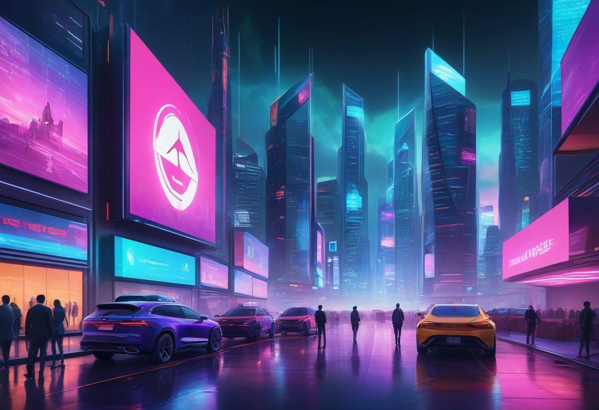 A futuristic city skyline with modern insurance offices showcasing digital screens displaying innovative insurance solutions. People interacting with holographic interfaces, investigating diverse insurance options in a vibrant ecosystem. Symbols of security, like shields and locks, visually integrated into the scene, implying safety and innovation. Bright, bold colors to evoke a sense of optimism about the future of insurance. cyberpunk style. vibrant colors.