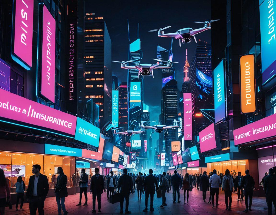 A futuristic cityscape showcasing technological advancements in insurance services, featuring drones delivering policies and digital screens interactively displaying coverage options. In the foreground, diverse people are engaged with their devices, illustrating a seamless blend of technology and customer service. The setting is vibrant and lively, emphasizing progress and innovation. cyberpunk. vibrant colors.